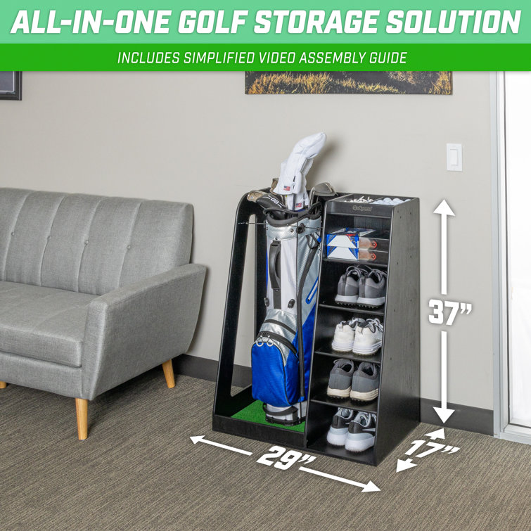 Black Wooden Freestanding Golf Bag Organizer with Multiple Compartments