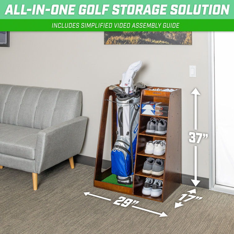 Premium Brown Wooden Freestanding Golf Bag Organizer and Storage Rack