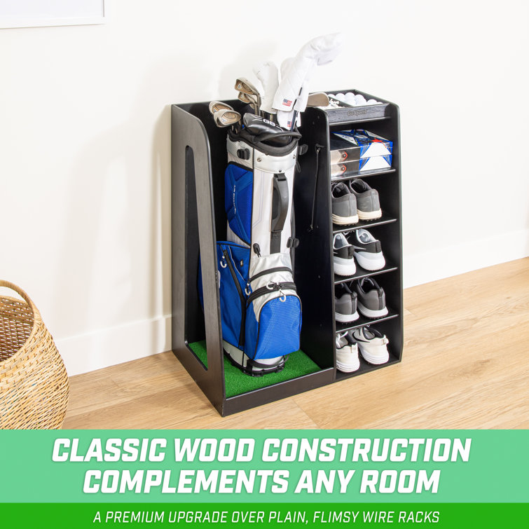 Black Wooden Freestanding Golf Bag Organizer with Multiple Compartments