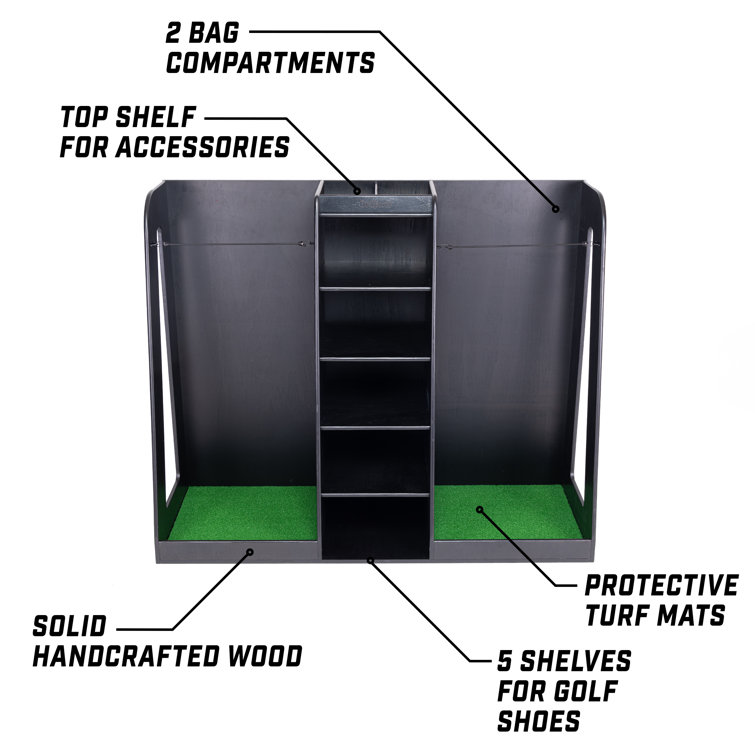 Black Wooden Double Golf Bag Organizer with Storage Shelves