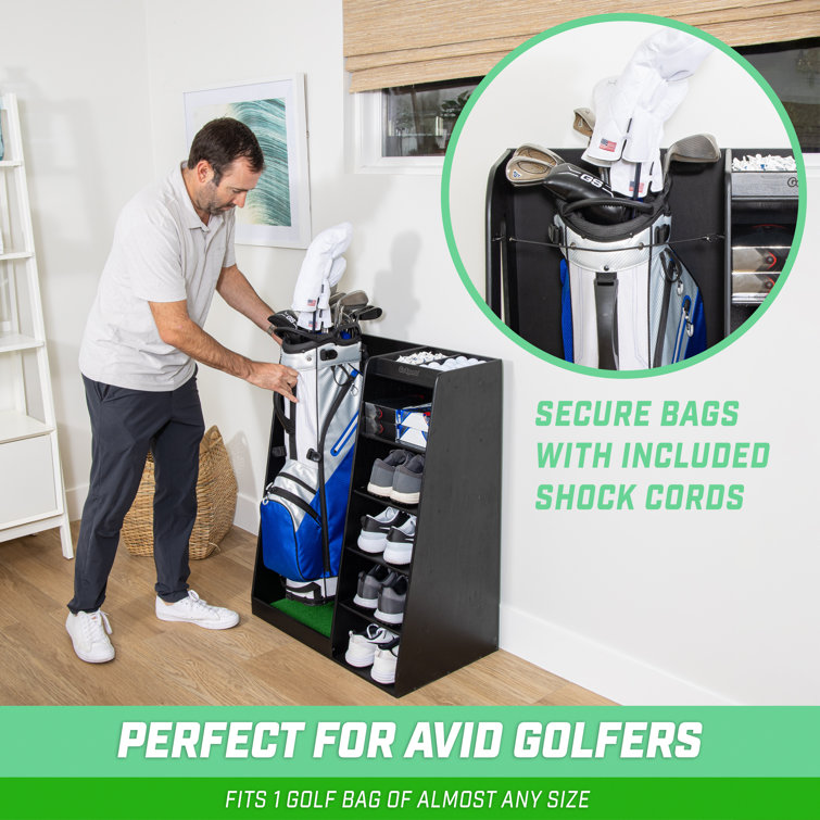 Black Wooden Freestanding Golf Bag Organizer with Multiple Compartments