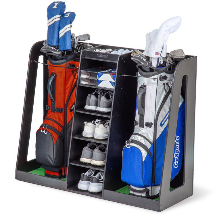 Black Wooden Double Golf Bag Organizer with Storage Shelves
