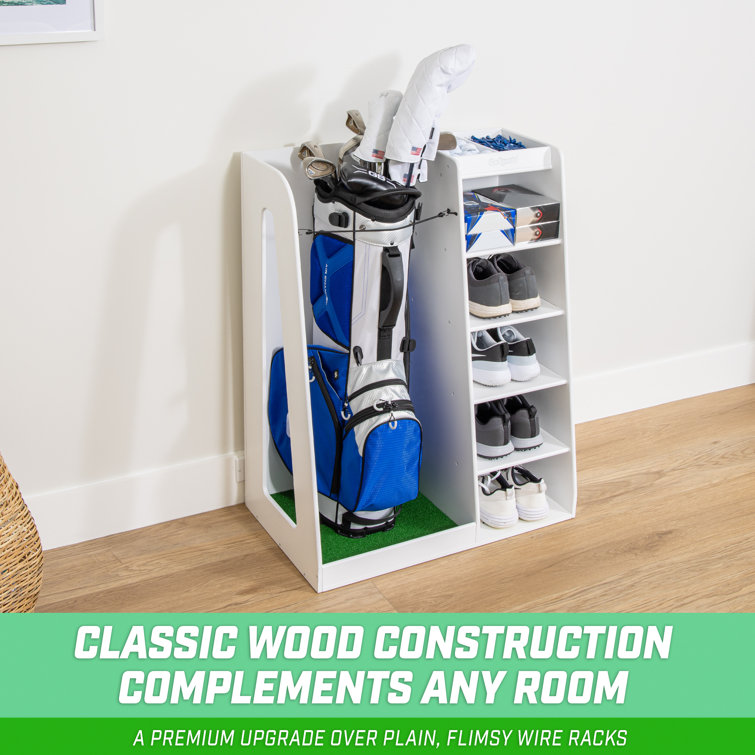 White Wooden Freestanding Golf Bag Organizer with Multiple Shelves