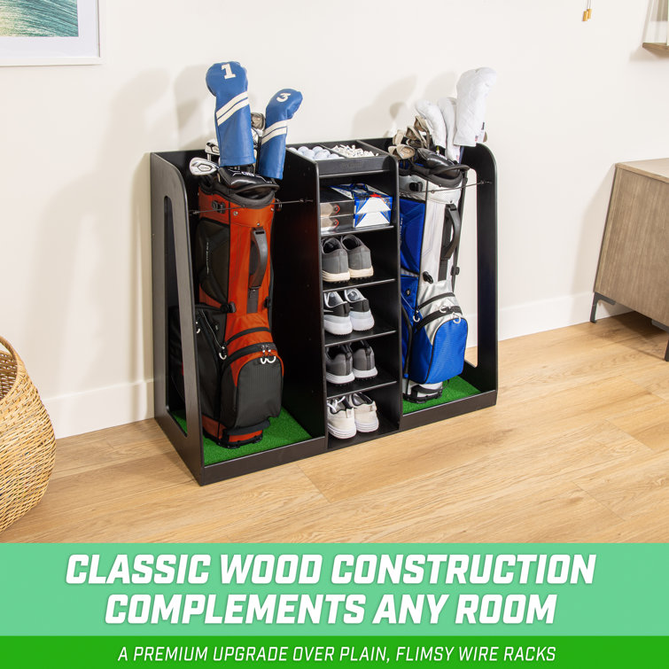 Black Wooden Double Golf Bag Organizer with Storage Shelves