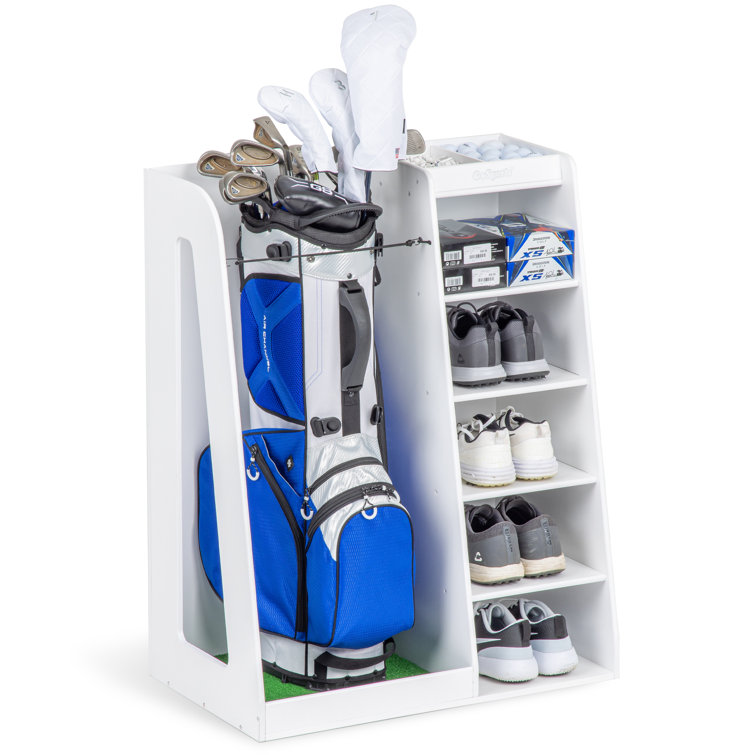 White Wooden Freestanding Golf Bag Organizer with Multiple Shelves