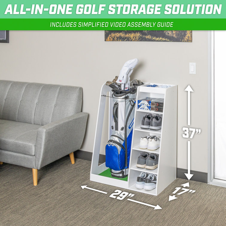 White Wooden Freestanding Golf Bag Organizer with Multiple Shelves