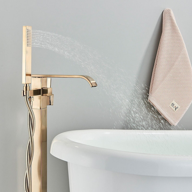 Brushed Gold Freestanding Waterfall Tub Faucet with Hand Shower
