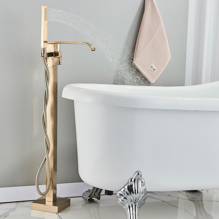 Brushed Gold Freestanding Waterfall Tub Faucet with Hand Shower