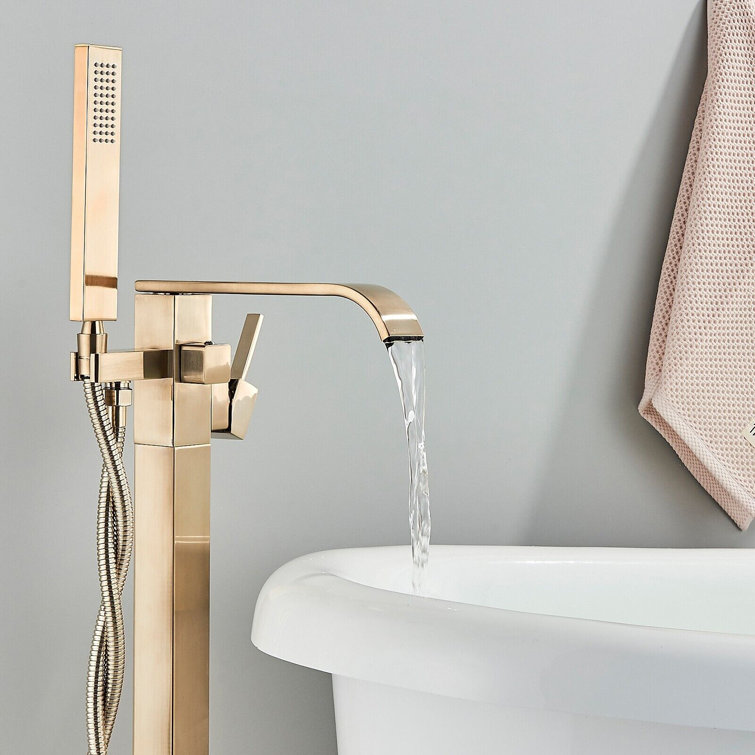 Brushed Gold Freestanding Waterfall Tub Faucet with Hand Shower