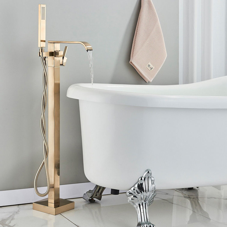 Brushed Gold Freestanding Waterfall Tub Faucet with Hand Shower