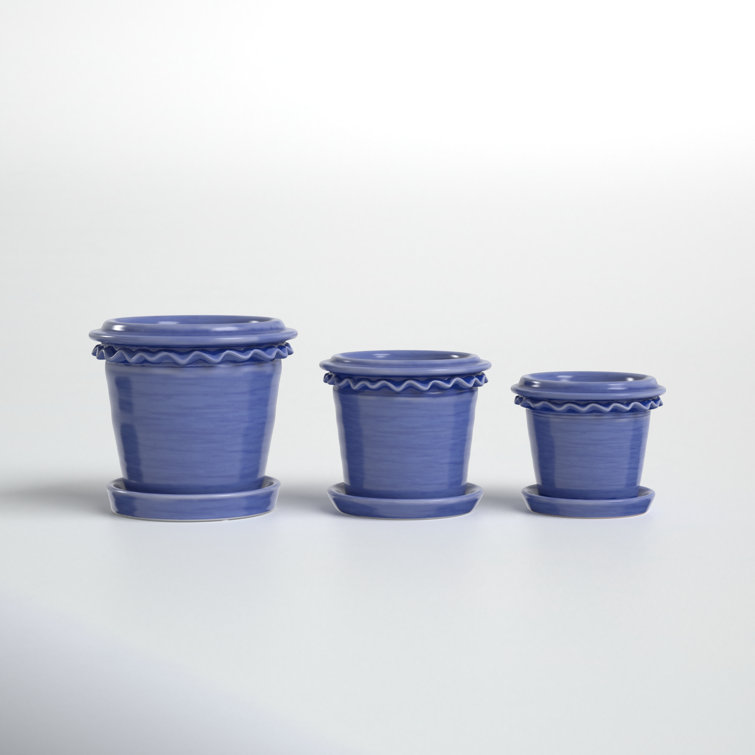 Set of 3 Indigo Blue Ceramic Round Planters with Saucers