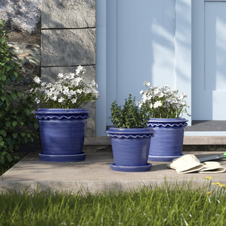 Set of 3 Indigo Blue Ceramic Round Planters with Saucers