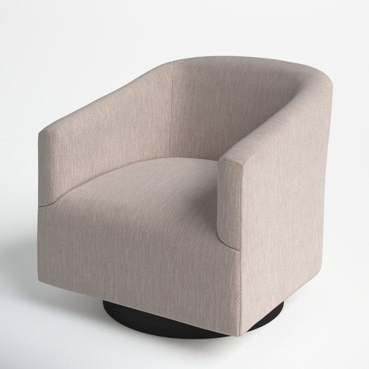 Donovan Oatmeal Fabric and Black Wood Swivel Barrel Chair