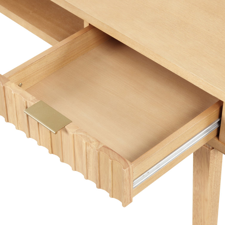 Warm Pine Wood Fluted Desk with Bookshelves and Drawer