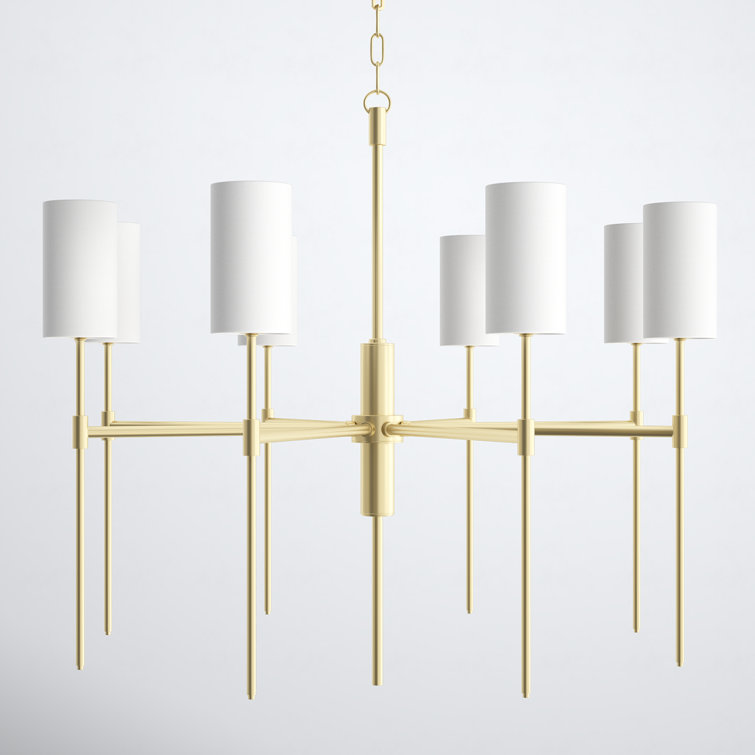 Aged Brass 8-Light Chandelier with White Linen Shades