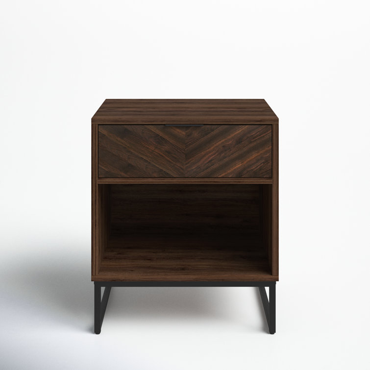Kensi Rustic Walnut Nightstand with Herringbone Design & Matte Black Metal Base