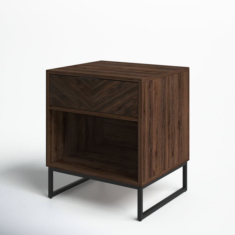 Kensi Rustic Walnut Nightstand with Herringbone Design & Matte Black Metal Base