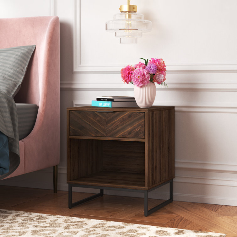 Kensi Rustic Walnut Nightstand with Herringbone Design & Matte Black Metal Base