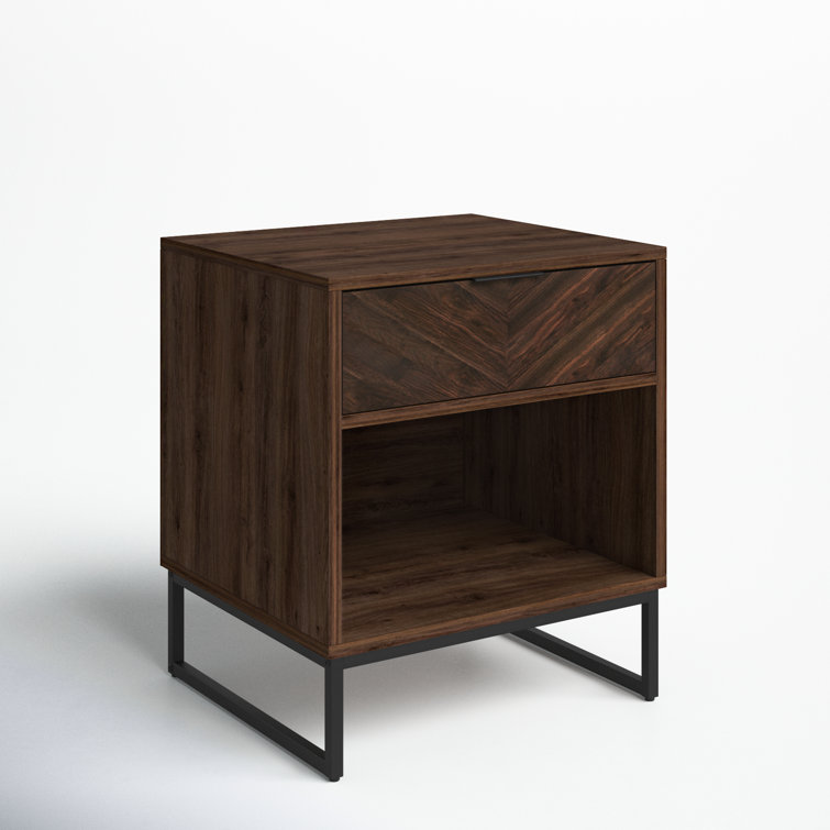 Kensi Rustic Walnut Nightstand with Herringbone Design & Matte Black Metal Base
