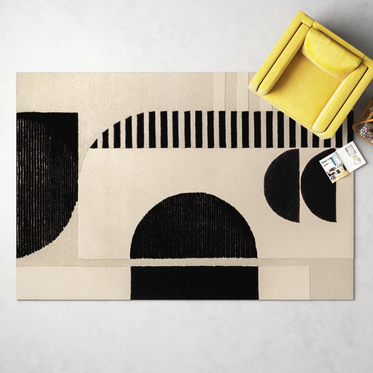 Mid-Century Modern Black and Cream Hand-Tufted Wool Area Rug 8'10"x12'