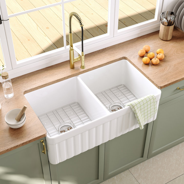 Nova 33" White Fireclay Double Basin Farmhouse Sink