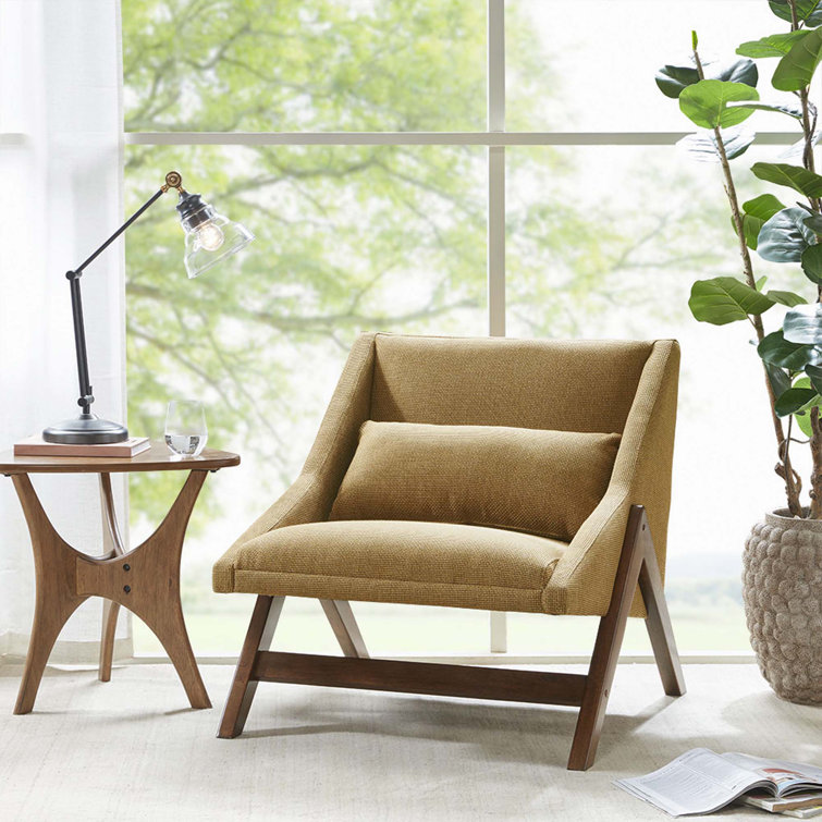Mustard Yellow Leather and Wood Chaise Lounge Chair