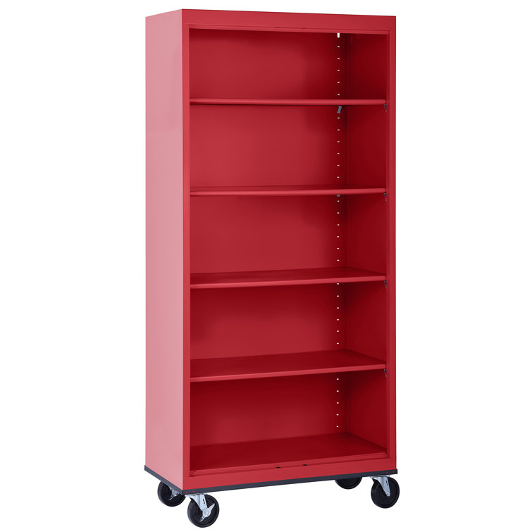 Red Steel Mobile Bookcase with Adjustable Shelves, 78" Height