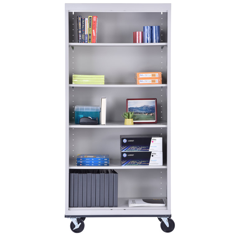 Dove Gray Adjustable Steel Mobile Bookcase with Shelves