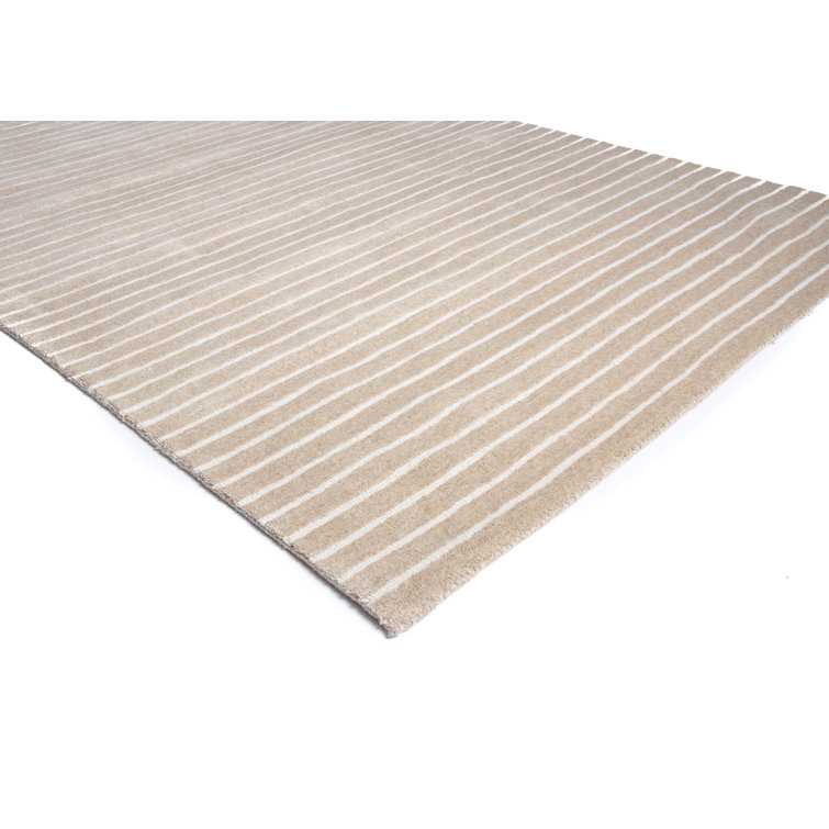Beige and Off-White Hand Loomed Wool Rectangular Rug