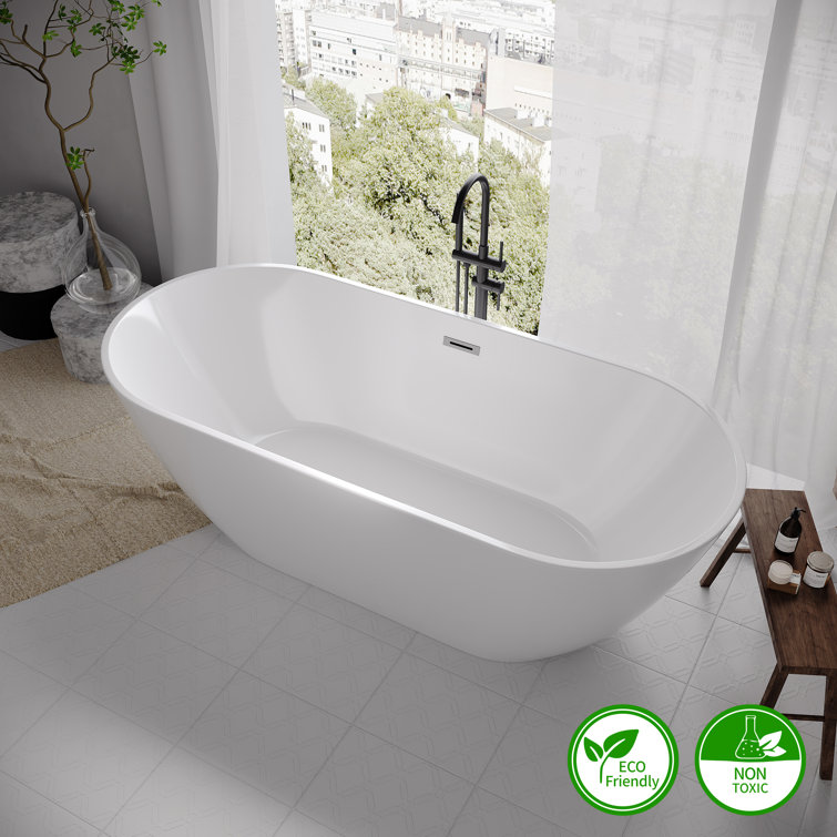 55'' Glossy White Acrylic Freestanding Oval Bathtub