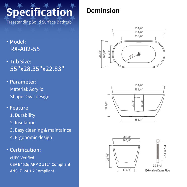 55'' Glossy White Acrylic Freestanding Oval Bathtub