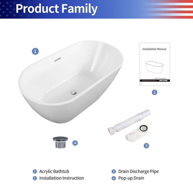 55'' Glossy White Acrylic Freestanding Oval Bathtub