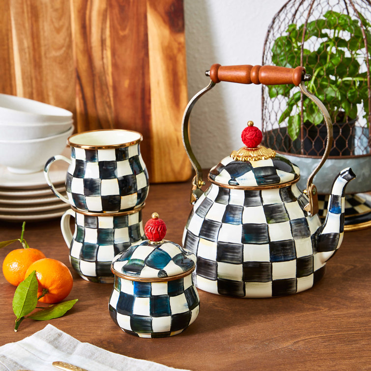 Black and White Checkered Vitreous Finish Sugar Pot with Red Knob