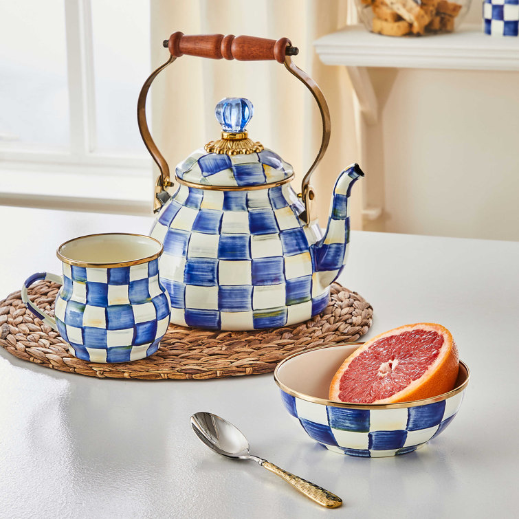 Royal Check Blue and White Enamel Extra Small Kettle