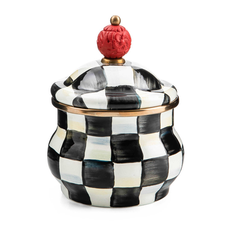 Black and White Checkered Vitreous Finish Sugar Pot with Red Knob