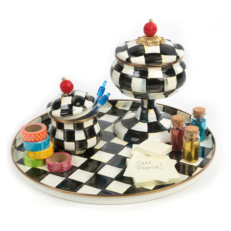 Black and White Checkered Vitreous Finish Sugar Pot with Red Knob