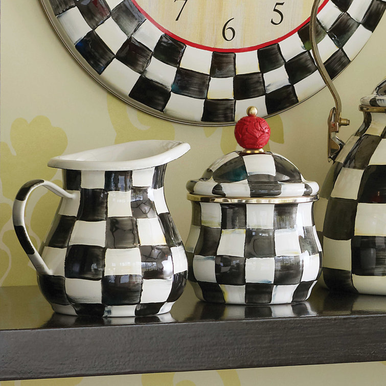Black and White Checkered Vitreous Finish Sugar Pot with Red Knob