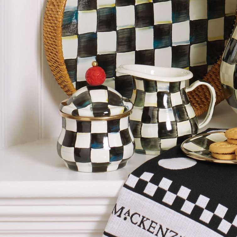Black and White Checkered Vitreous Finish Sugar Pot with Red Knob