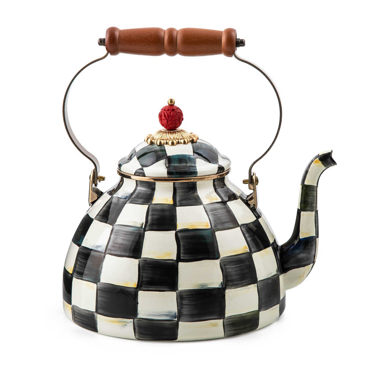 Extra Small Black and White Checkered Stainless Steel Kettle with Wooden Handle