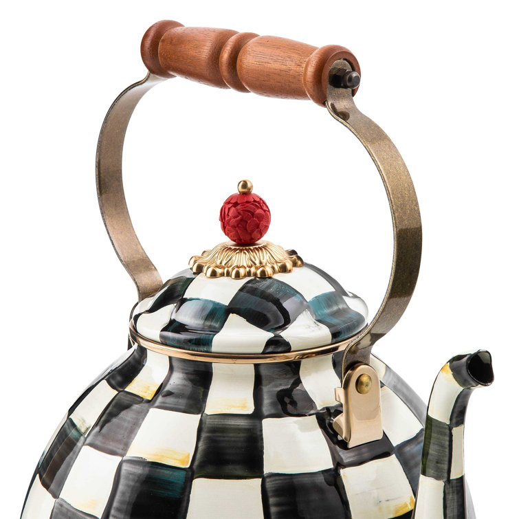 Extra Small Black and White Checkered Stainless Steel Kettle with Wooden Handle