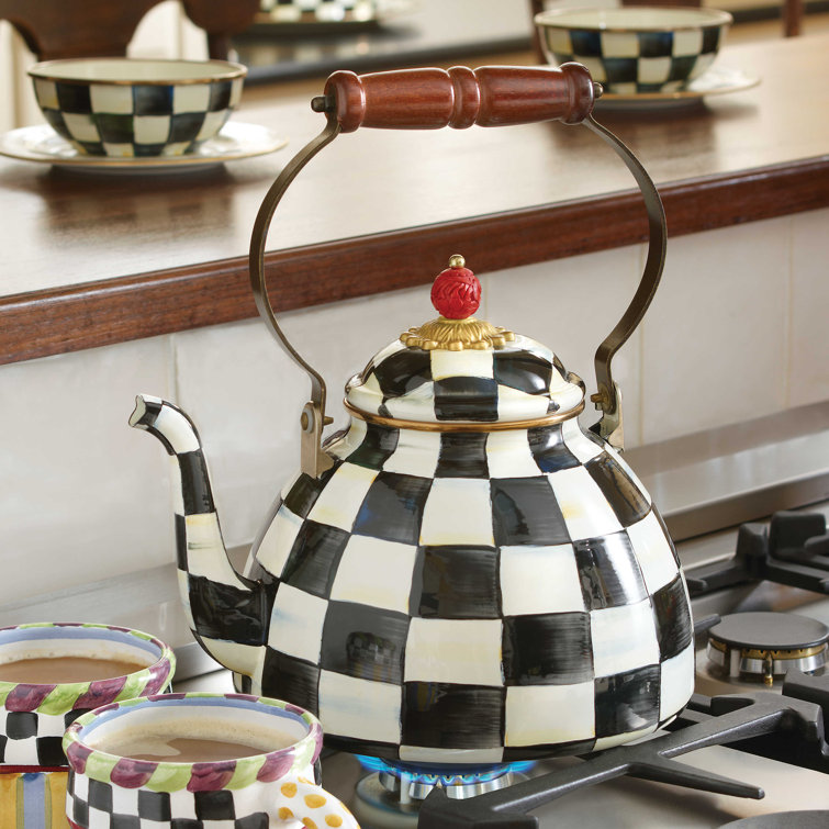Extra Small Black and White Checkered Stainless Steel Kettle with Wooden Handle
