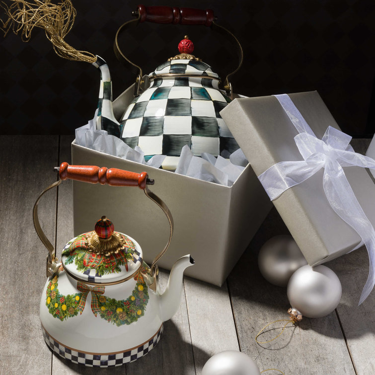Extra Small Black and White Checkered Stainless Steel Kettle with Wooden Handle