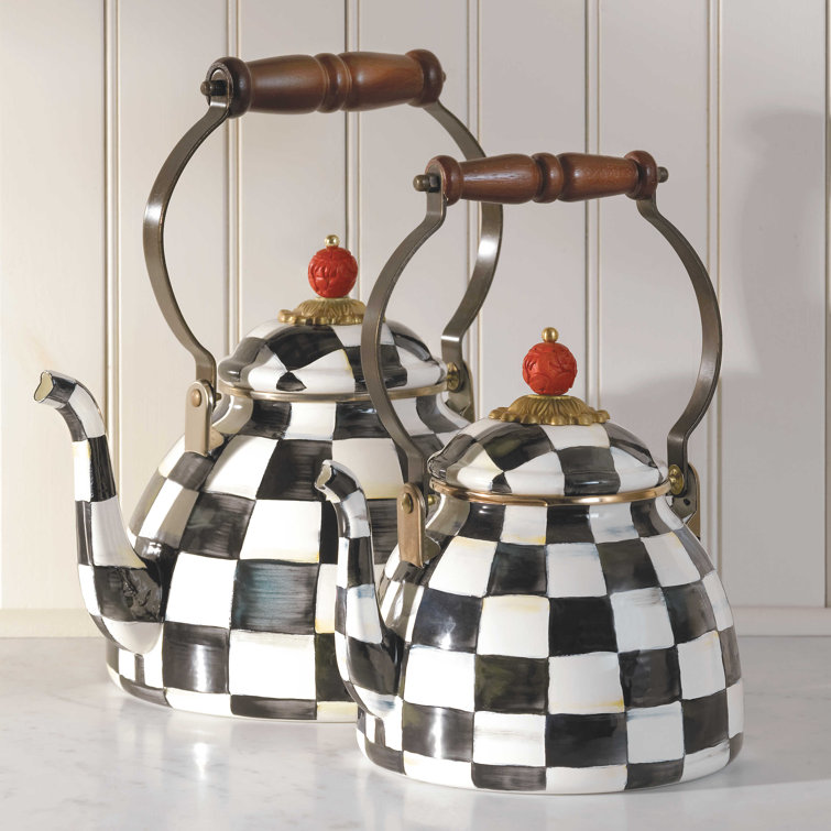 Extra Small Black and White Checkered Stainless Steel Kettle with Wooden Handle