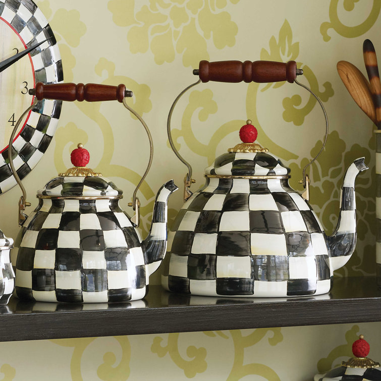 Extra Small Black and White Checkered Stainless Steel Kettle with Wooden Handle