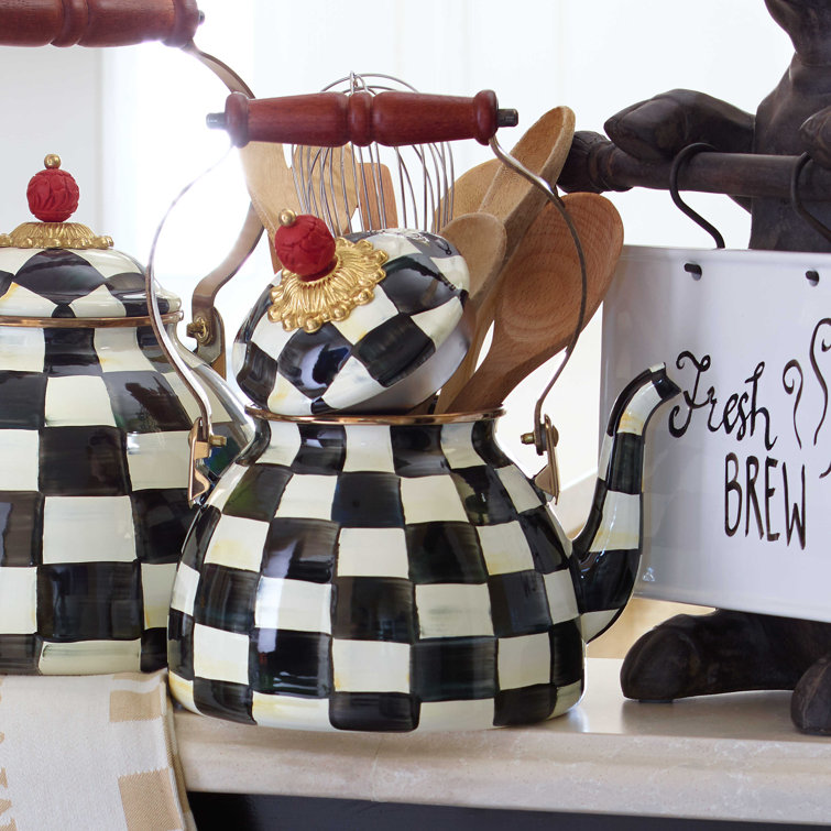 Extra Small Black and White Checkered Stainless Steel Kettle with Wooden Handle
