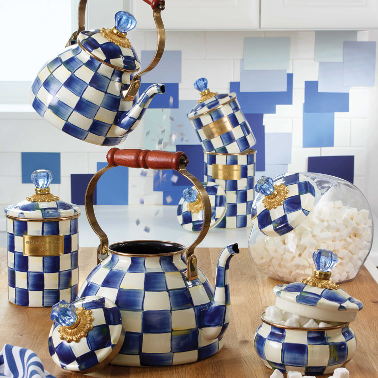Royal Check Blue and White Enamel Extra Small Kettle