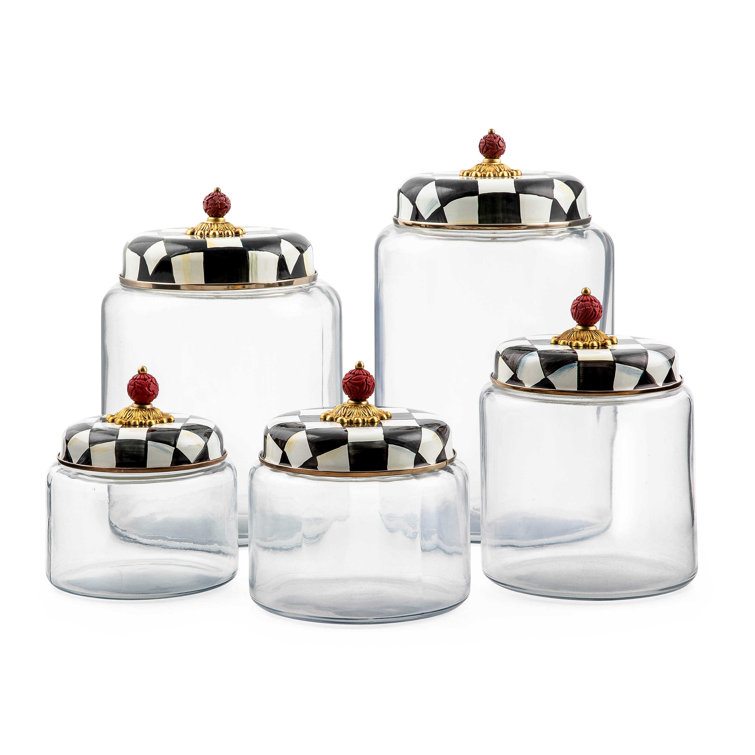 Elegant Courtly Check 7" Black Glass Kitchen Canister with Faux-Cinnabar Knob