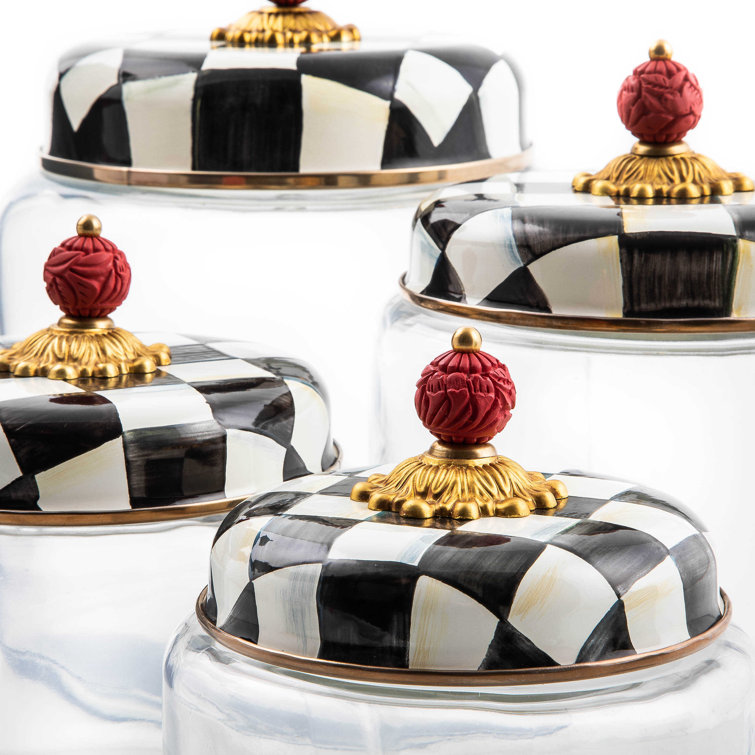 Elegant Courtly Check 7" Black Glass Kitchen Canister with Faux-Cinnabar Knob