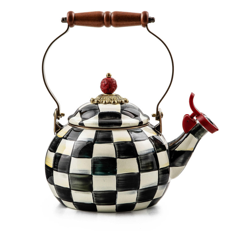 Black and White Checkered Enamel Whistling Tea Kettle with Wood Handle