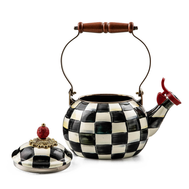 Black and White Checkered Enamel Whistling Tea Kettle with Wood Handle